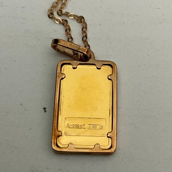 24K pure solid gold disk framed in 14k solid gold necklace - Picture 2 of 7